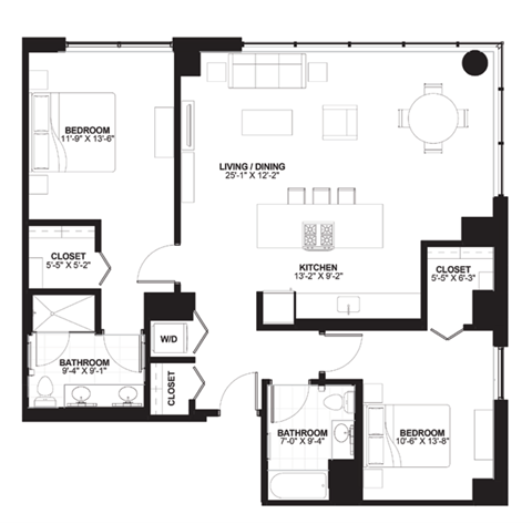 Floor plan for 2 beds, 2 baths, 1312 sqft